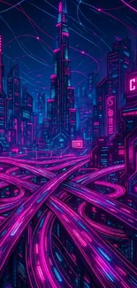 Neon futuristic cityscape with highways and skyscrapers.