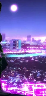 Cyberpunk cityscape with neon lights and lone figure.