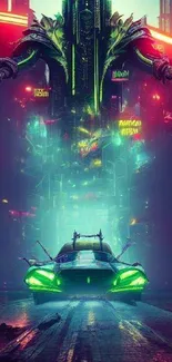 Futuristic cityscape with neon glow and a sleek vehicle, perfect for mobile wallpaper.