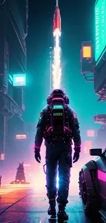 Futuristic neon cityscape with a rocket launch and urban elements.