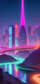 Vibrant neon cityscape featuring futuristic buildings and glowing roads.