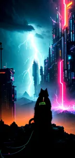 Futuristic cityscape with neon lights and silhouetted cat.