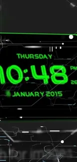 Futuristic neon digital clock with green numbers on a sleek black background.