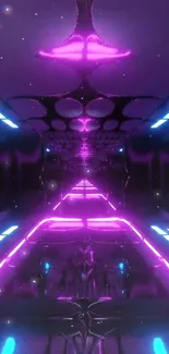 Futuristic neon corridor with violet and blue lights creating a sci-fi atmosphere.