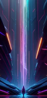 Futuristic corridor with neon lights and central figure, vibrant digital artwork.