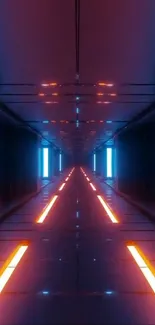 Futuristic neon corridor with blue and orange lights, perfect for a tech-themed wallpaper.