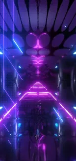 Futuristic corridor with purple and blue neon lights creating a dynamic scene.