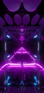 Futuristic neon corridor wallpaper with pink and blue lights.