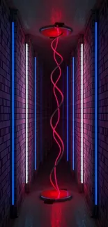 Futuristic neon corridor with red and blue lights.