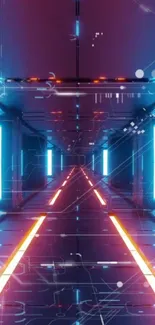 Futuristic neon corridor with cyan and magenta lights creating a high-tech ambiance.