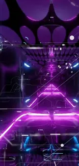 Futuristic neon corridor wallpaper with purple and blue lighting.