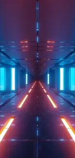 Futuristic corridor with neon blue and orange lighting.