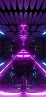 Futuristic neon corridor with glowing pink and blue lights.