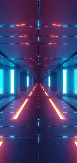 Futuristic neon corridor with blue and orange lights.