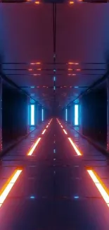 Futuristic neon corridor with blue and orange lights in a sci-fi setting.