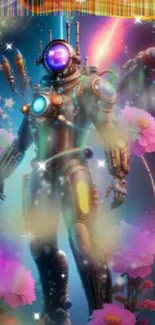 Futuristic humanoid in neon cosmic scene with colorful flowers.