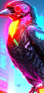 Neon cyberpunk crow with glowing feathers and vibrant background.