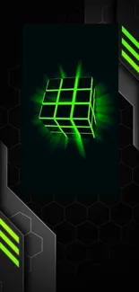 Futuristic neon green cube with a sleek, dark background design.