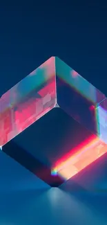 Futuristic neon cube with light reflections on a dark blue background wallpaper.