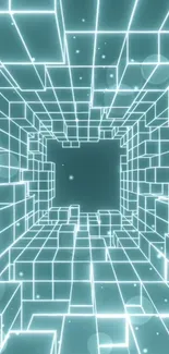 Futuristic neon cube tunnel wallpaper with glowing edges.