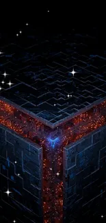 Futuristic neon cube with starry background.