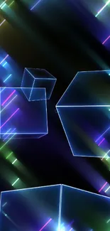 Futuristic neon cubes with glowing lines on a dark background wallpaper.