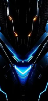 Futuristic helmet with neon blue accents and glowing details, set against a dark background.