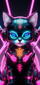 A neon cyber cat with glowing blue eyes and futuristic armor set in dark ambiance.