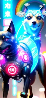 Futuristic neon cyber dog against a vibrant cityscape with rainbow elements.