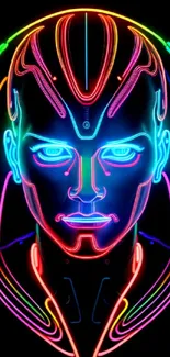 Futuristic neon cyber face on black background.