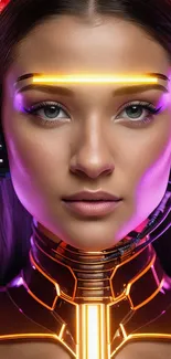 Futuristic cyber girl with neon lights and vibrant colors in a digital design.