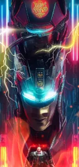 Futuristic cyber helmet wallpaper with neon lights and vibrant colors.