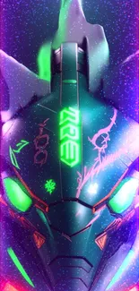 Futuristic neon cyber helmet with glowing accents on a mobile wallpaper.