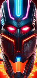 Futuristic cyber mask with neon lights on red background.