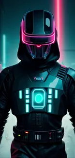 Futuristic cyber soldier with neon accents in a dark setting.