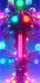 Futuristic neon cyber tree with vibrant colors and lights.