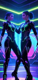 Futuristic neon-clad twins in a digital environment with vibrant lighting.