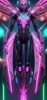 Futuristic neon cyber warrior with vibrant colors and dynamic design.