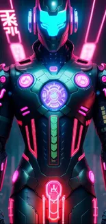 Futuristic cyber warrior in neon lights wallpaper.