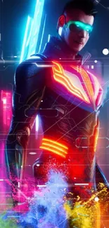 Futuristic neon cyber warrior with vibrant cityscape.