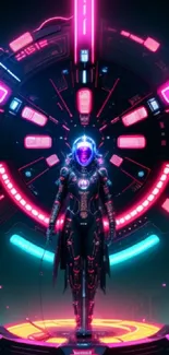 Neon cyber warrior in a futuristic setting with vibrant pink and blue lights.