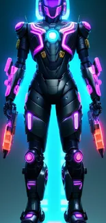 Futuristic neon cyber warrior with glowing armor and high-tech design.