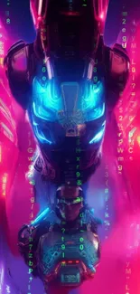 Futuristic neon cyber warrior with vibrant colors and digital elements.