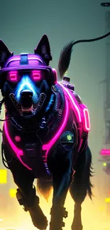 Futuristic cyberdog in neon cityscape wallpaper.