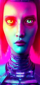 Futuristic neon portrait of a cybernetic figure with bright, vivid colors.