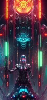 Futuristic cyberpunk wallpaper with neon lights and robotic characters.