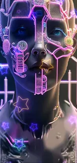 Futuristic cyberpunk humanoid with neon lights and stars.