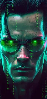 Futuristic neon cyberpunk figure with glowing green elements.