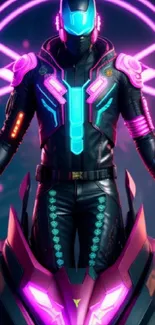 Futuristic neon cyberpunk art with a hero in vibrant colors.