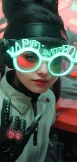 Cyberpunk style woman in neon glasses and robotic glove.